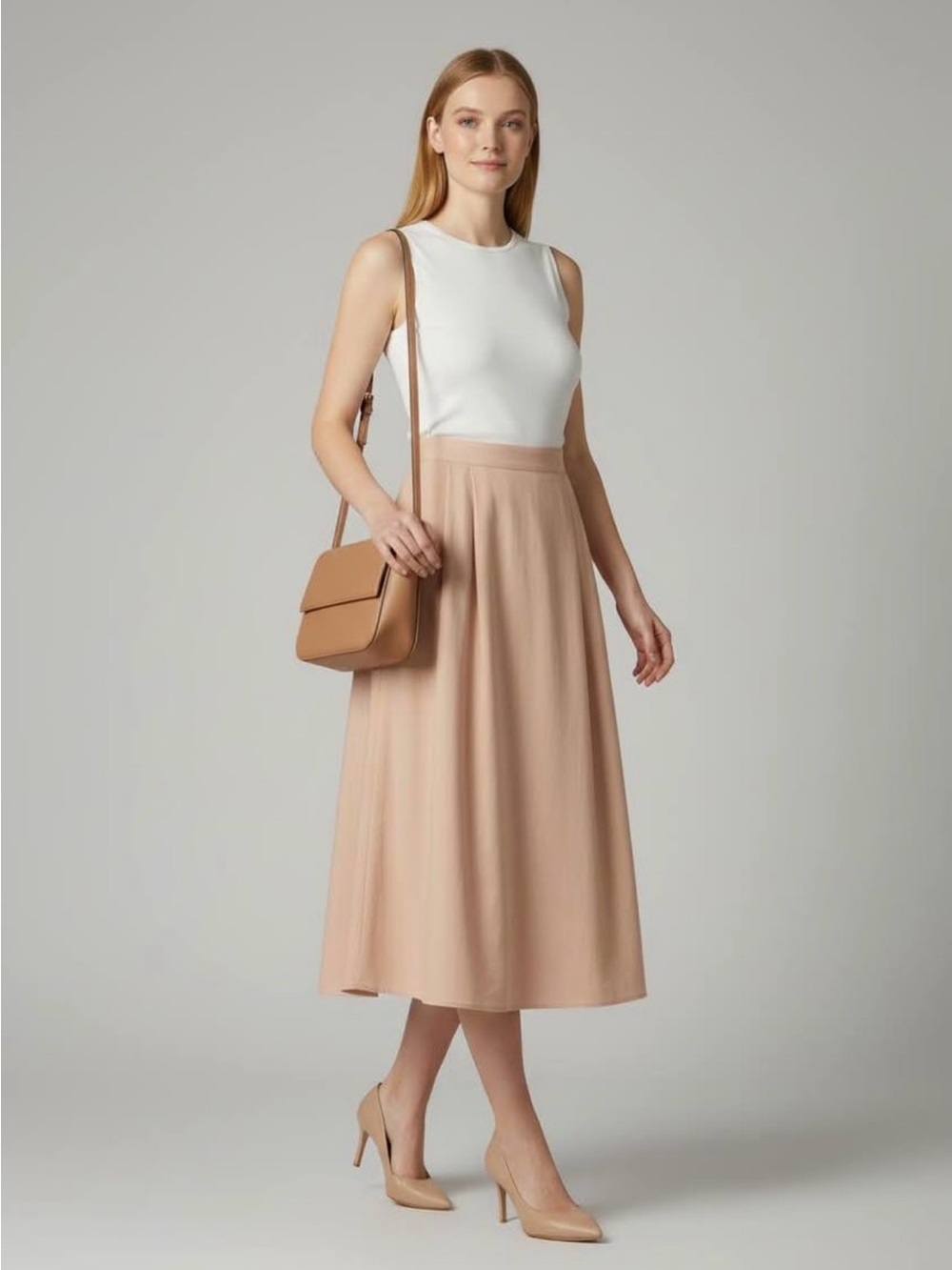 Elegant Womens Midi Skirt in Blush Tan